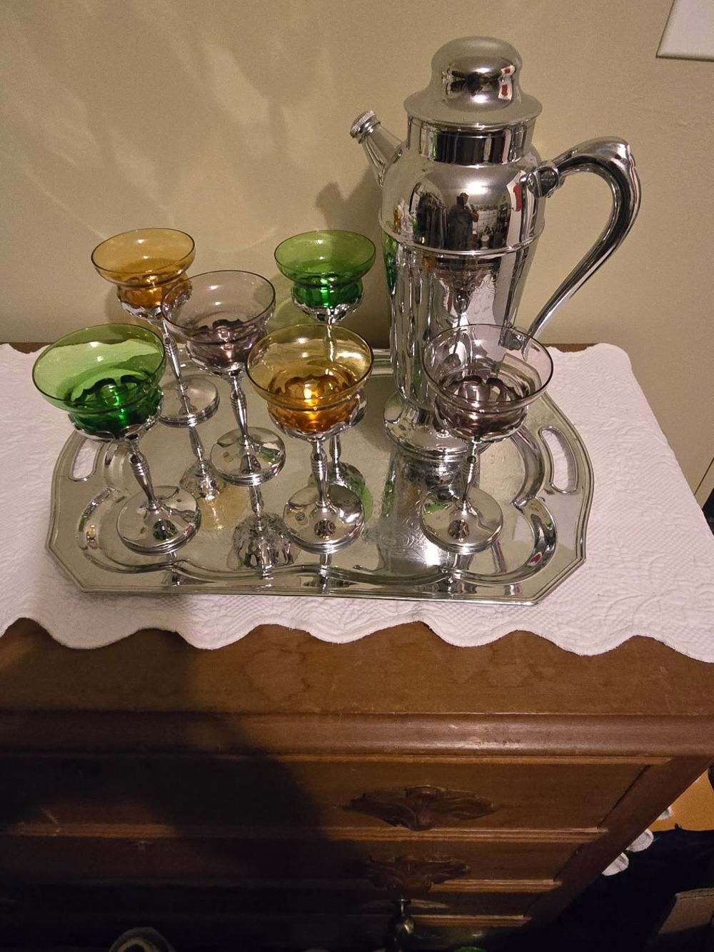 Vintage 1930s Silver-Plated Cocktail Serving Set w Green, Amber & Smoke Glasses